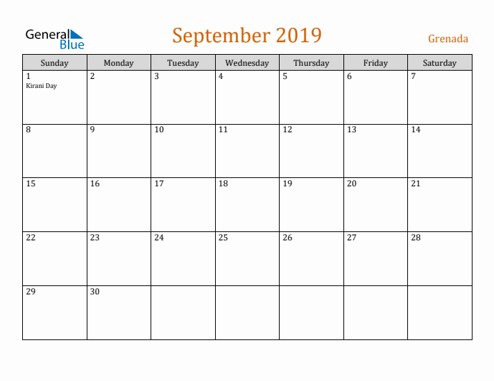 September 2019 Holiday Calendar with Sunday Start