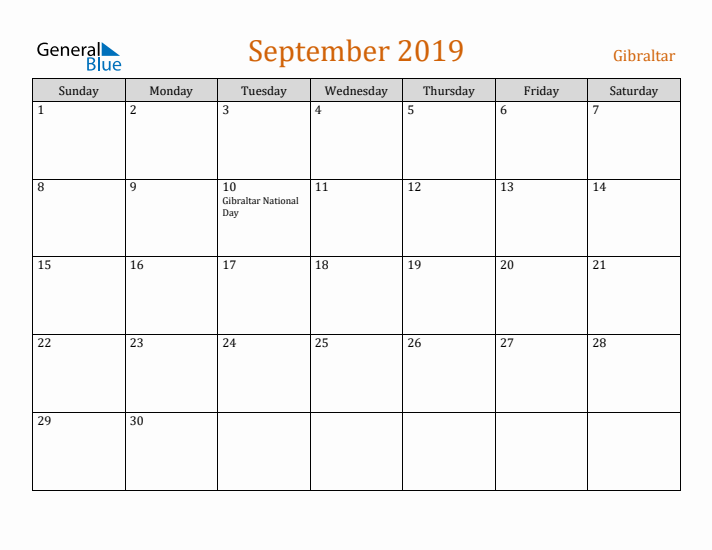 September 2019 Holiday Calendar with Sunday Start