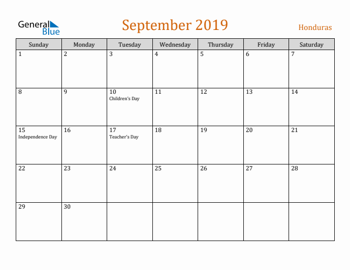 September 2019 Holiday Calendar with Sunday Start