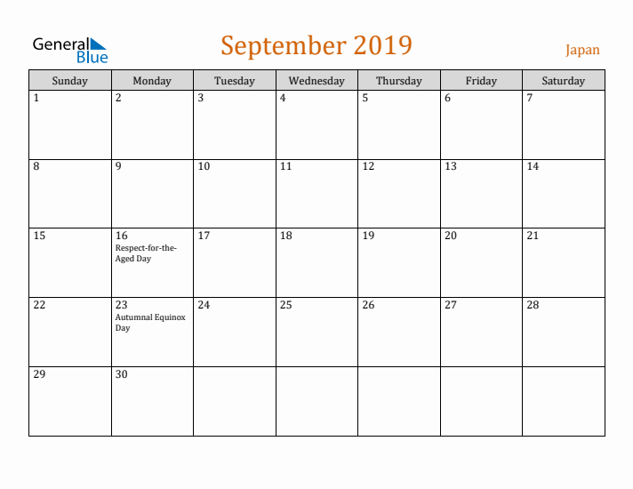 September 2019 Holiday Calendar with Sunday Start