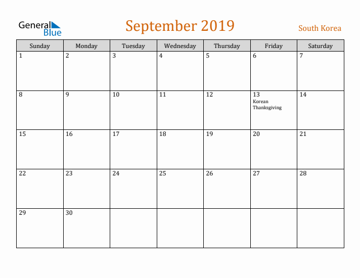 September 2019 Holiday Calendar with Sunday Start