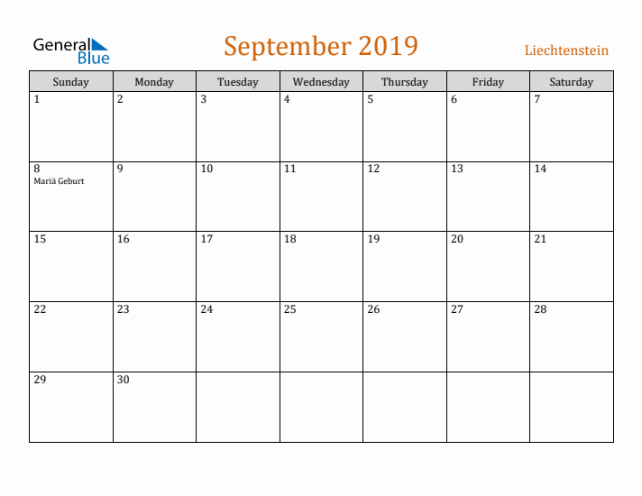 September 2019 Holiday Calendar with Sunday Start