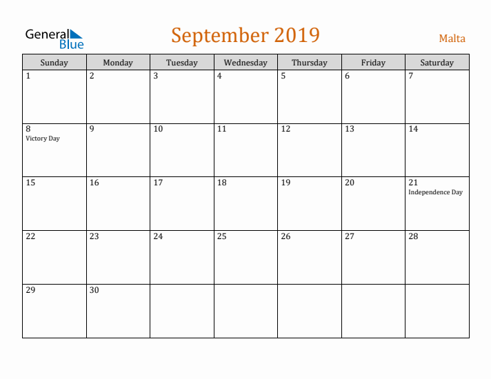 September 2019 Holiday Calendar with Sunday Start