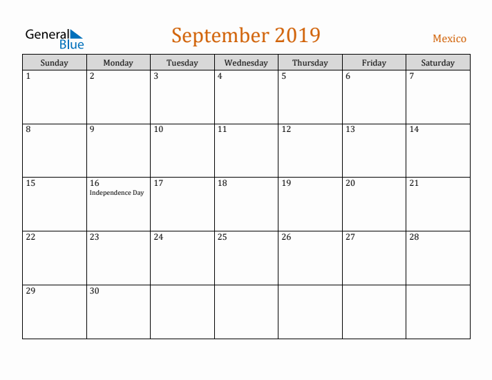 September 2019 Holiday Calendar with Sunday Start