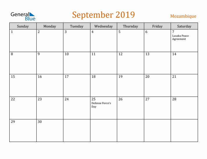 September 2019 Holiday Calendar with Sunday Start