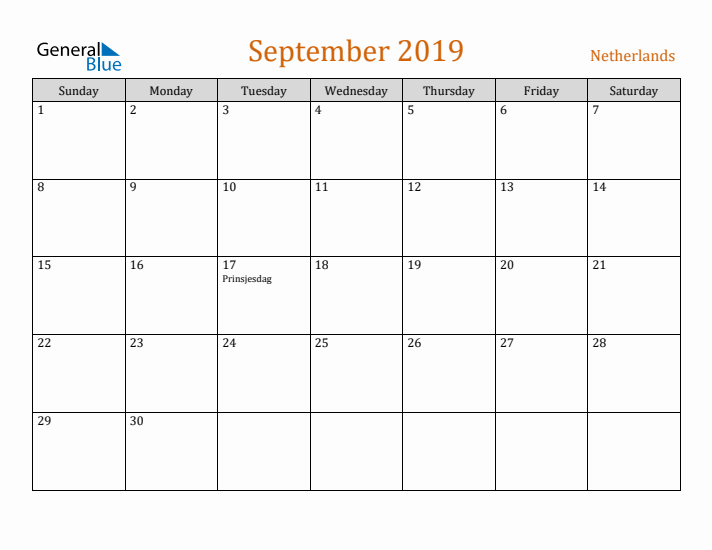 September 2019 Holiday Calendar with Sunday Start