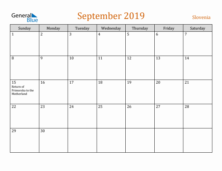 September 2019 Holiday Calendar with Sunday Start