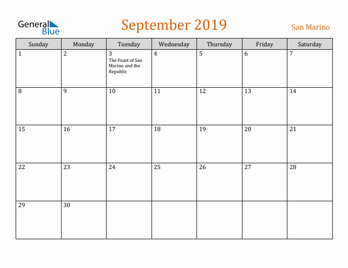 September 2019 Holiday Calendar with Sunday Start