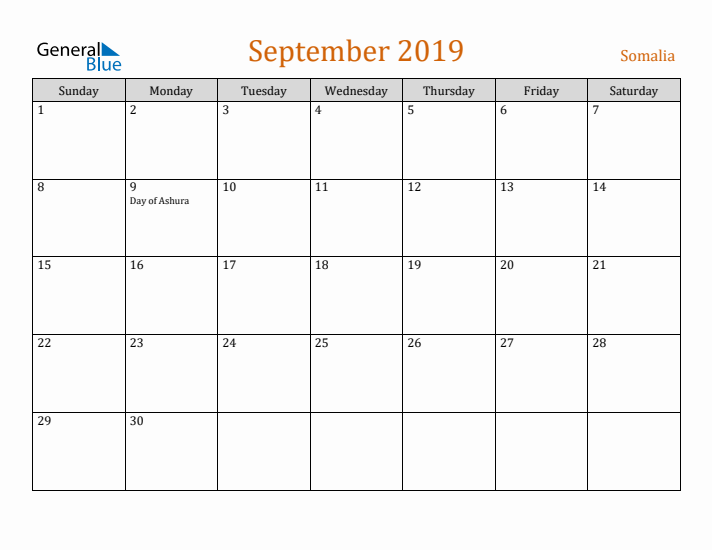 September 2019 Holiday Calendar with Sunday Start