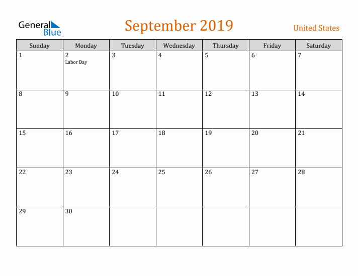 September 2019 Holiday Calendar with Sunday Start