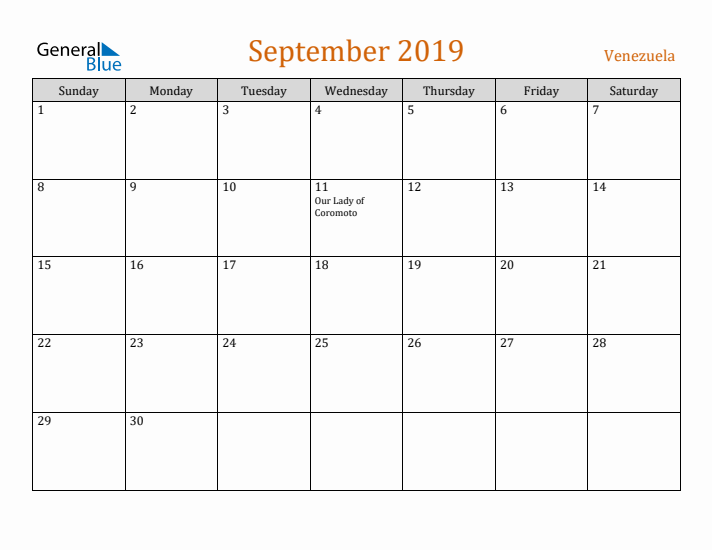 September 2019 Holiday Calendar with Sunday Start