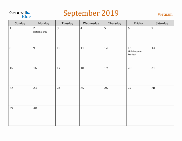 September 2019 Holiday Calendar with Sunday Start