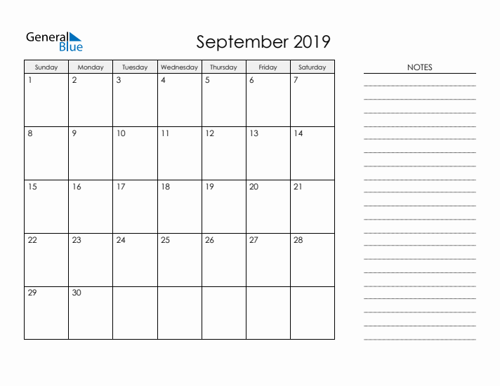 Printable Monthly Calendar with Notes - September 2019