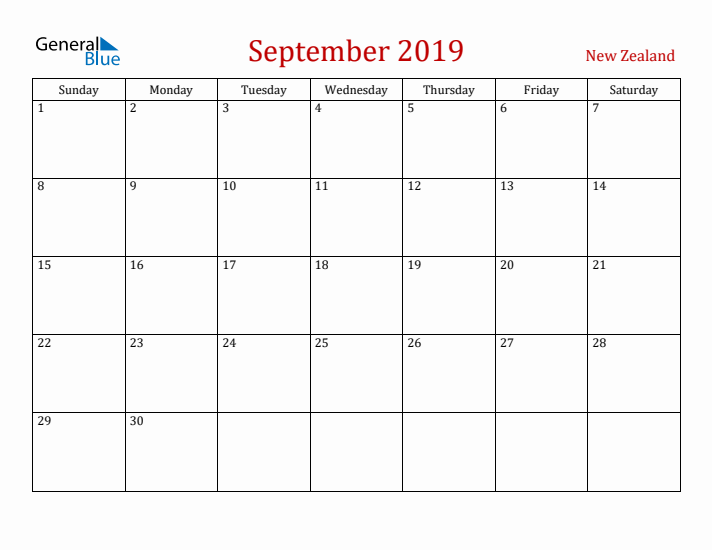 New Zealand September 2019 Calendar - Sunday Start