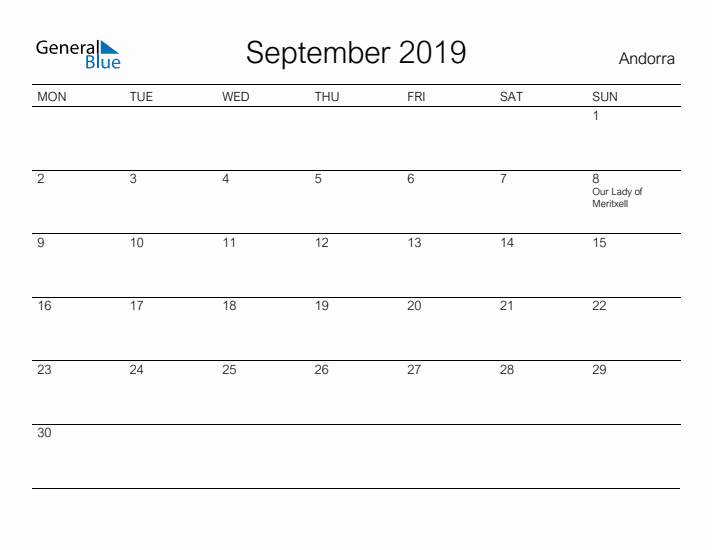 Printable September 2019 Calendar for Andorra