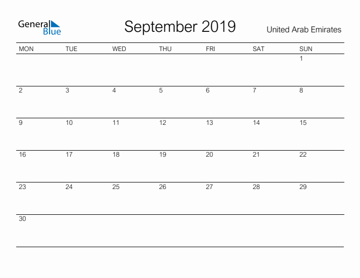 Printable September 2019 Calendar for United Arab Emirates