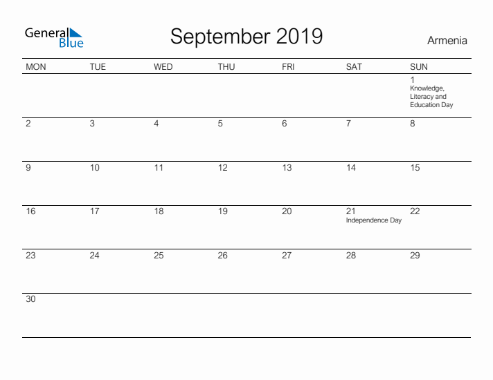 Printable September 2019 Calendar for Armenia