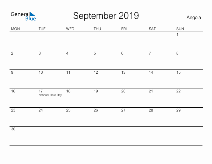 Printable September 2019 Calendar for Angola