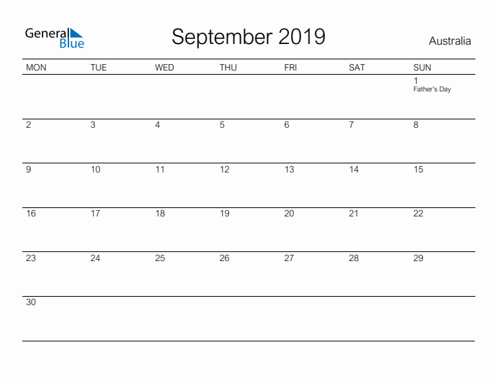 Printable September 2019 Calendar for Australia