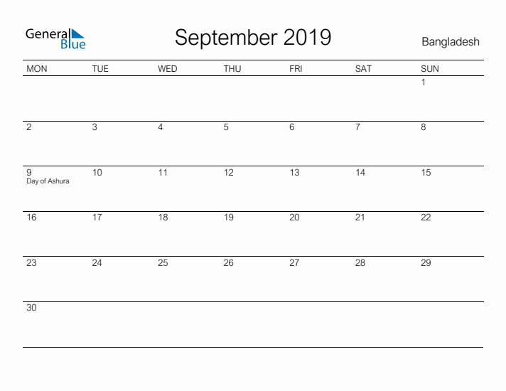 Printable September 2019 Calendar for Bangladesh