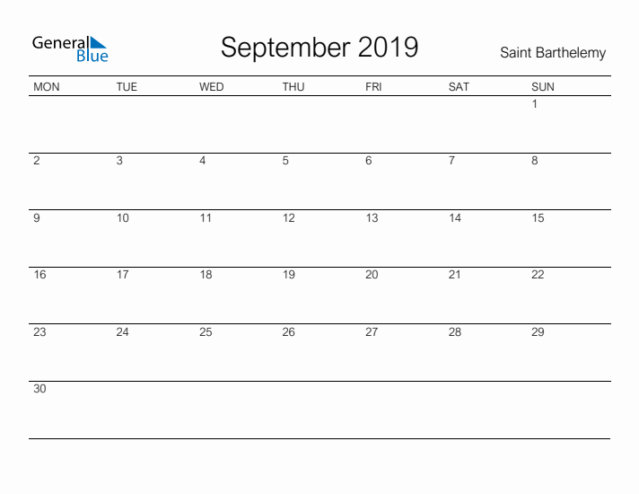 Printable September 2019 Calendar for Saint Barthelemy