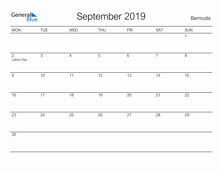 Printable September 2019 Calendar for Bermuda