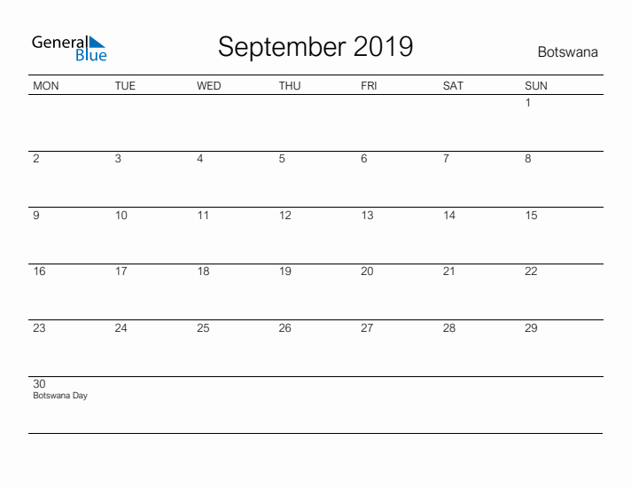 Printable September 2019 Calendar for Botswana