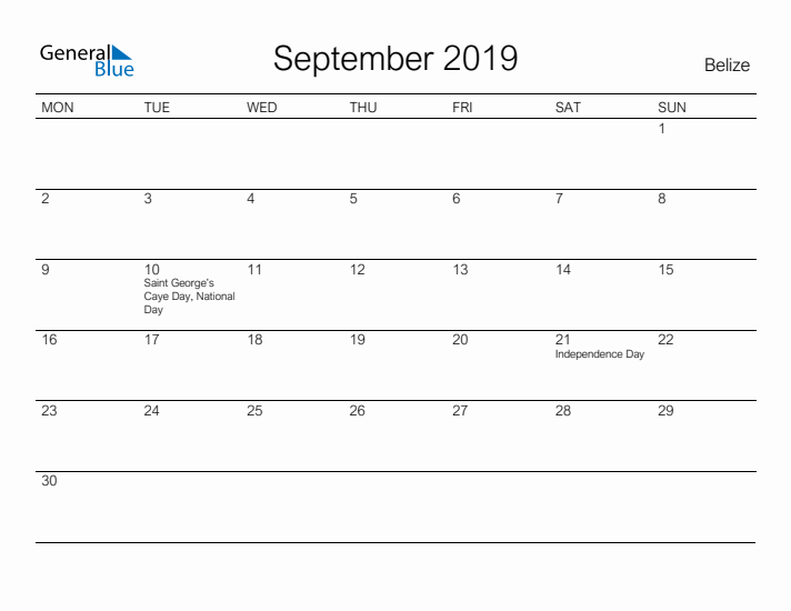 Printable September 2019 Calendar for Belize