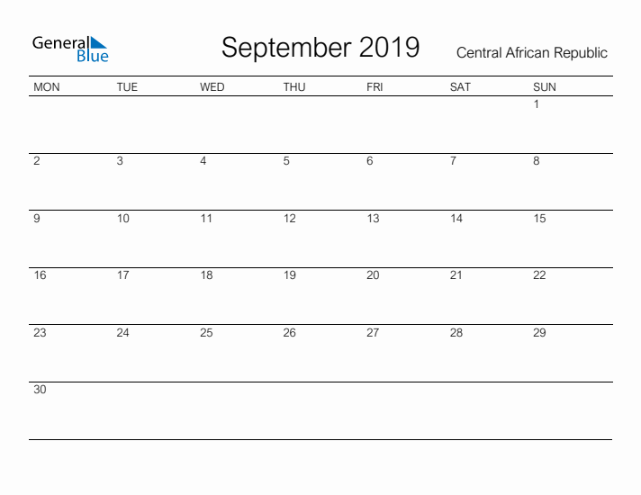 Printable September 2019 Calendar for Central African Republic