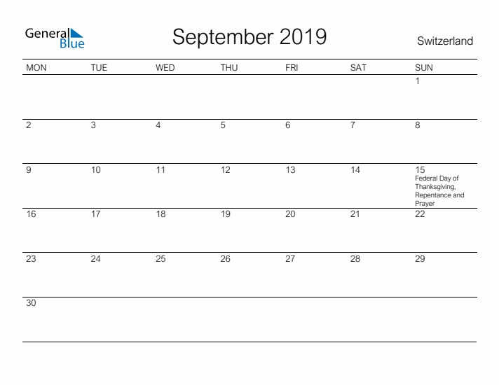 Printable September 2019 Calendar for Switzerland