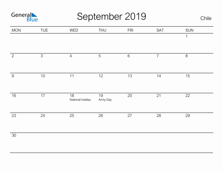 Printable September 2019 Calendar for Chile