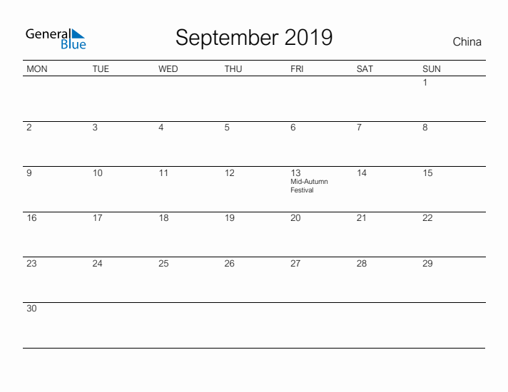 Printable September 2019 Calendar for China