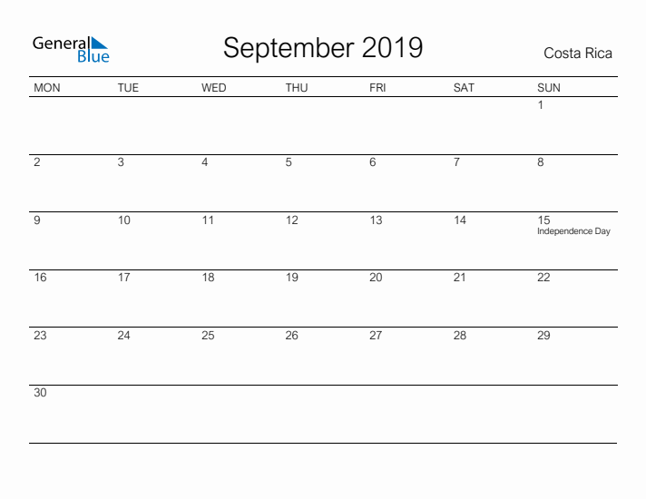 Printable September 2019 Calendar for Costa Rica