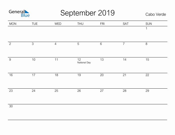 Printable September 2019 Calendar for Cabo Verde