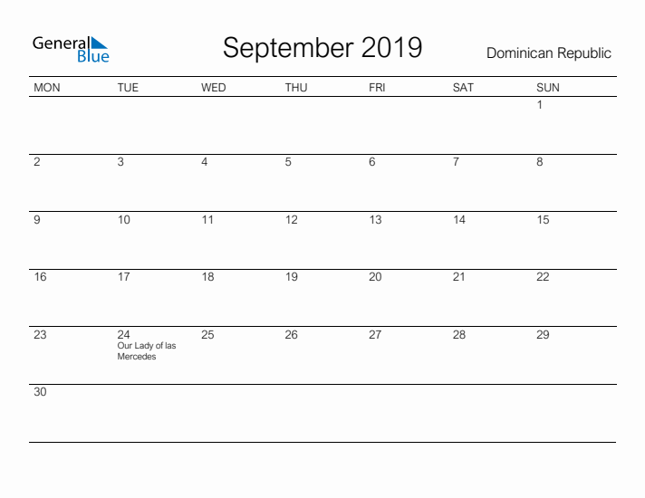 Printable September 2019 Calendar for Dominican Republic