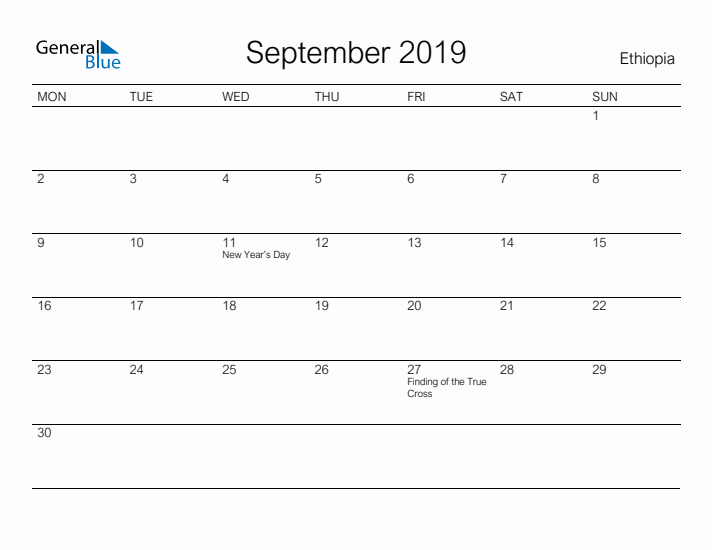 Printable September 2019 Calendar for Ethiopia