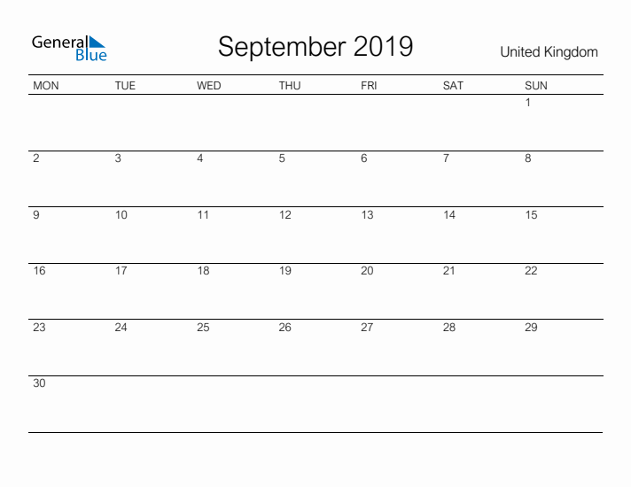 Printable September 2019 Calendar for United Kingdom