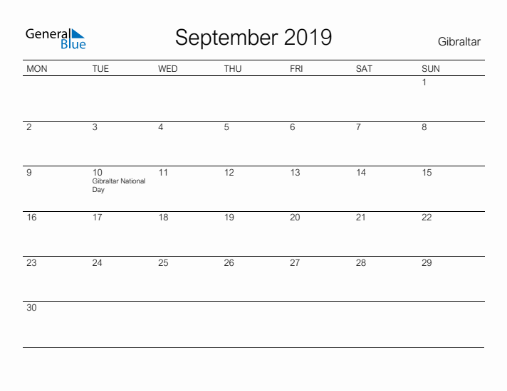 Printable September 2019 Calendar for Gibraltar