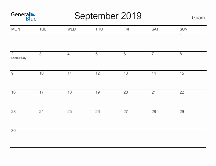 Printable September 2019 Calendar for Guam