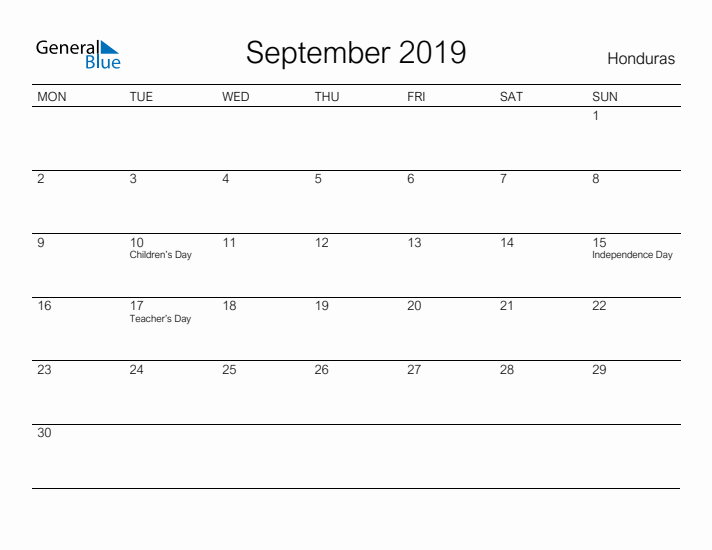 Printable September 2019 Calendar for Honduras