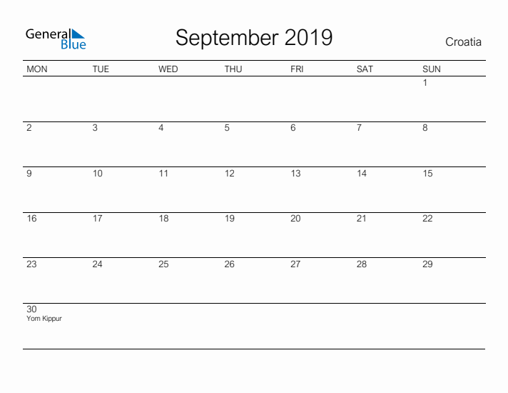 Printable September 2019 Calendar for Croatia