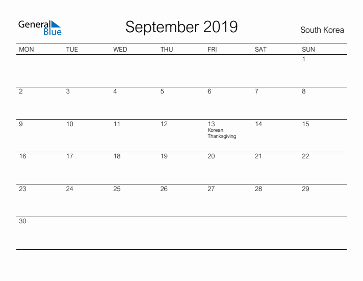 Printable September 2019 Calendar for South Korea