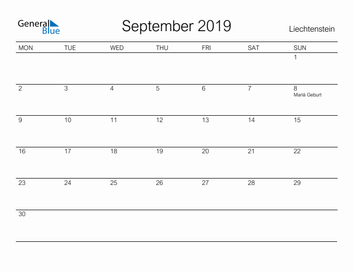 Printable September 2019 Calendar for Liechtenstein