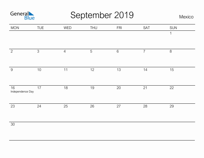 Printable September 2019 Calendar for Mexico