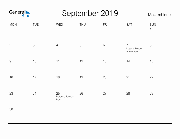 Printable September 2019 Calendar for Mozambique