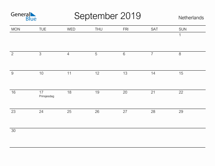 Printable September 2019 Calendar for The Netherlands