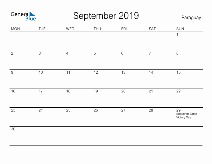 Printable September 2019 Calendar for Paraguay