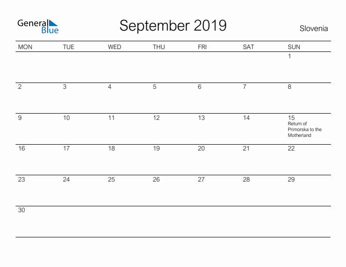 Printable September 2019 Calendar for Slovenia