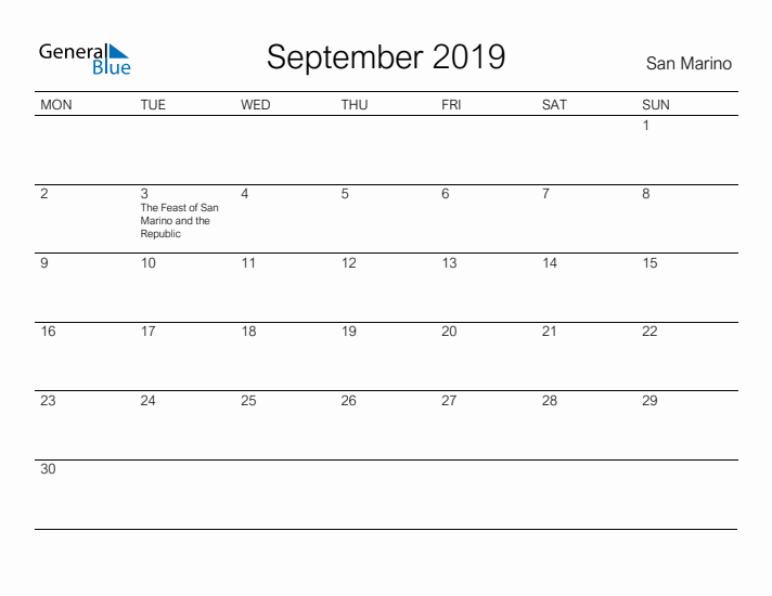 Printable September 2019 Calendar for San Marino