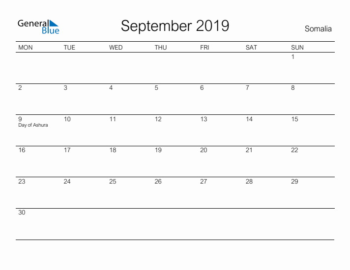 Printable September 2019 Calendar for Somalia